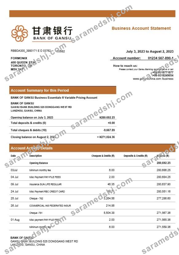 Bank of Gansu business checking account statement Word and PDF template